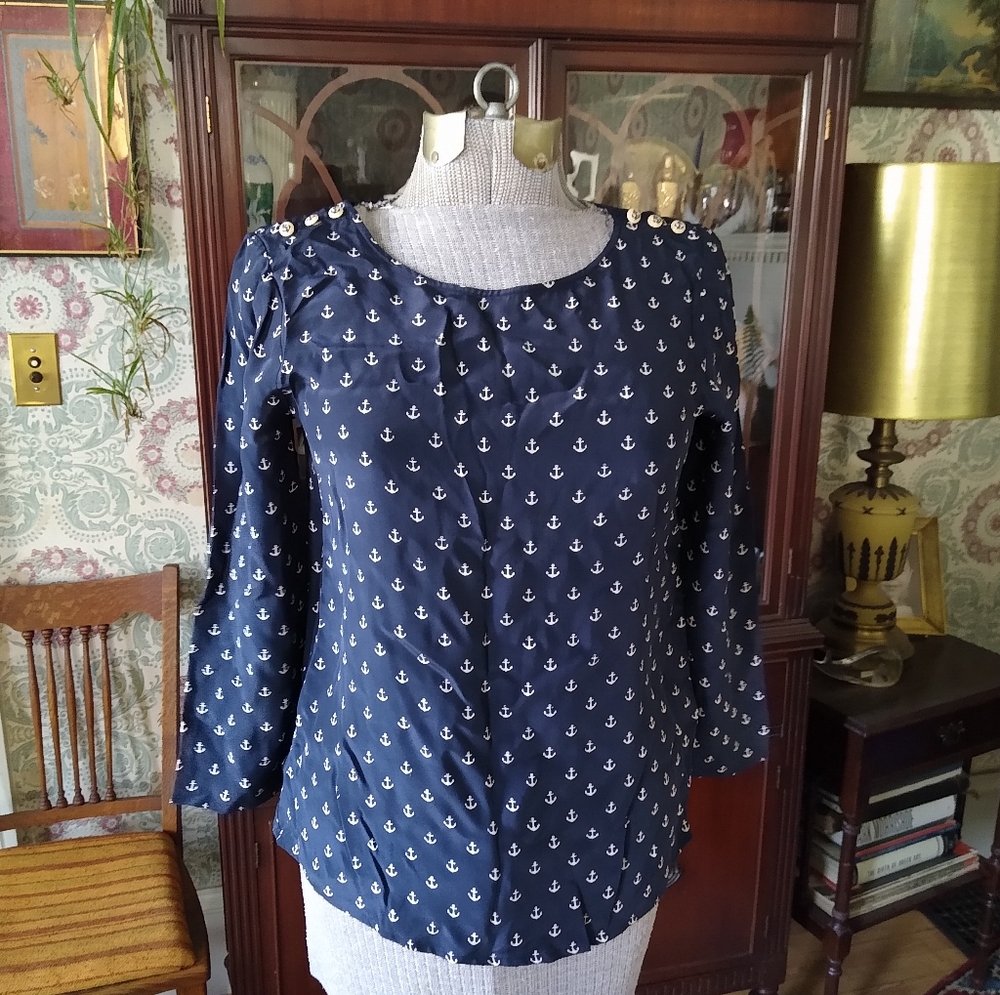 J CREW Nautical Navy Blue With Cream Anchors Pattern Long Sleeve Silk Blouse